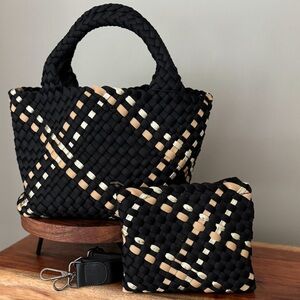 Brand New Black Metallic gold weave with cross body strap and zip wallet